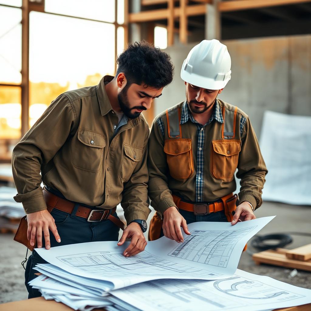 Damon collaborating with a client over project plans on-site